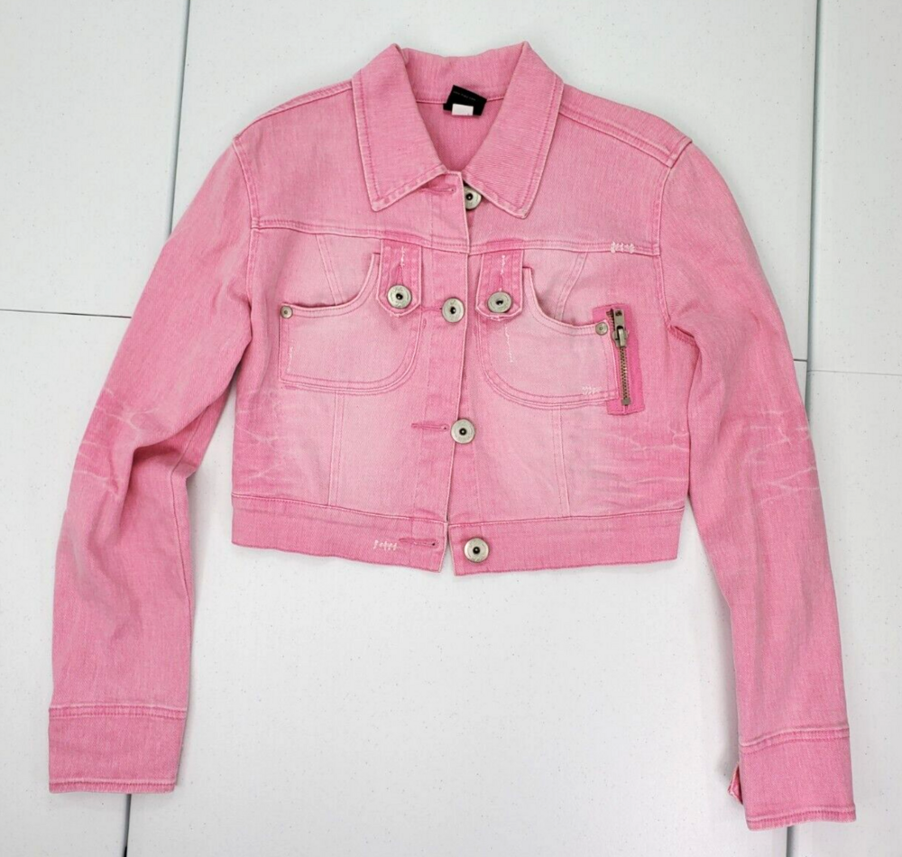 Y2K Vintage Fubu M Cropped Distressed Pink Denim Jean Jacket Stretch